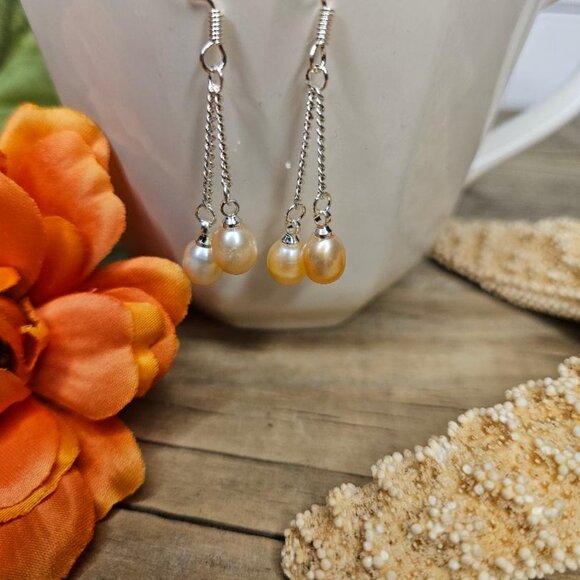 Sterling Silver 7-8mm Peach Freshwater Pearl Dangle Earrings - Picture 2 of 3